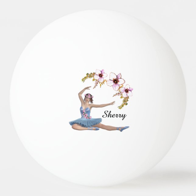 Ballerina in Blue Personal Pink Flowers Ping Pong Ball (Front)