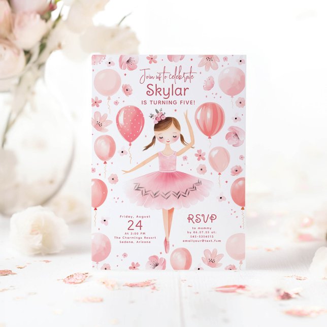 Ballerina in Pink Dress Floral Balloons Birthday Invitation (Ballerina Birthday Invitations)