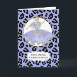 Ballerina in purple granddaughter birthday leopard card<br><div class="desc">A beautiful and modern ballerina wearing a gorgeous ball gown with iridescent glitter sequins on it is dancing on her ballet shoes and is framed by a faux gold circle set against a pastel purple and black leopard spot skin pattern background. A calligraphy style template for your goddaughter, niece, granddaughter...</div>
