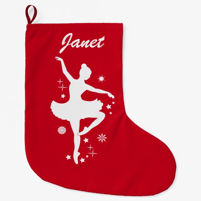 Ballerina in Snow in Silhouette Name Customisable Large Christmas Stocking (Front)