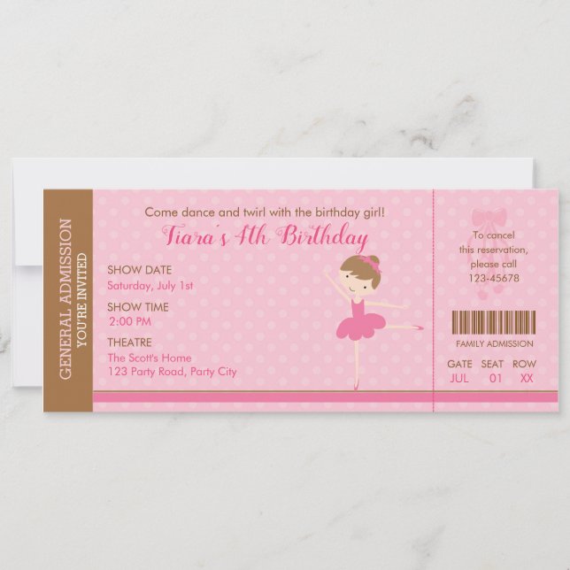 Ballerina Invitation (Ballet Ticket Invites) Pink (Front)