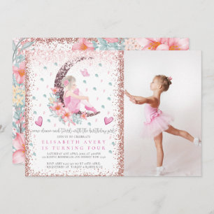 Ballerina Moon Pastel Pink Glitter Birthday Photo Invitation