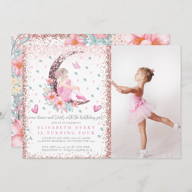Ballerina Moon Pastel Pink Glitter Birthday Photo Invitation (Front/Back)