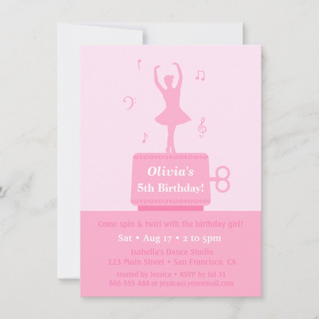 Ballerina Music Box Girl Birthday Party Invitation (Front)