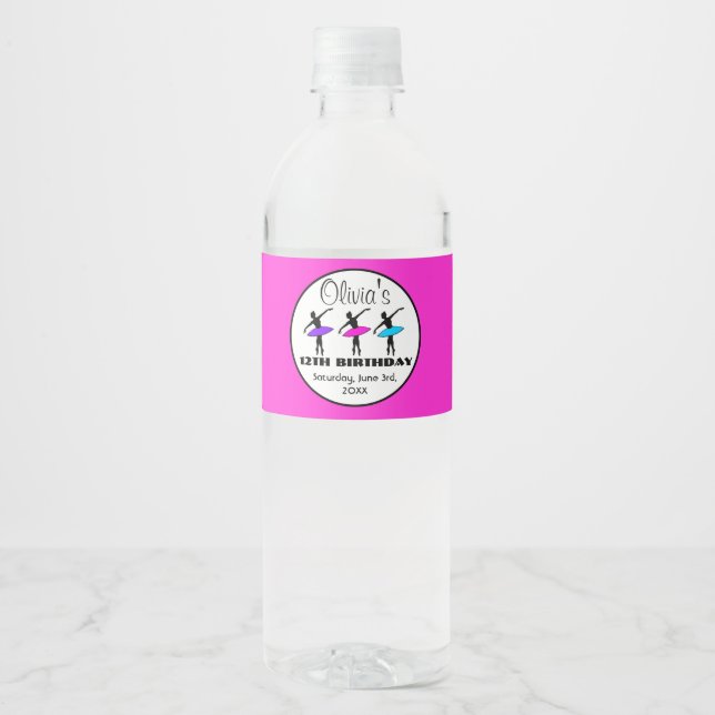 Ballerina Neon Ballet Dancers Dance Birthday Party Water Bottle Label (Front)