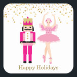 Ballerina & Nutcracker, golden confetti, Christmas Square Sticker<br><div class="desc">This design features an illustration of famous fairy story about Ballerina and Nutcracker. There is a golden effect confetti on the top of the sticker. You can move the images (Ballerina and Nutcracker) up and down, left and right, resize them or remove one of the images. Add you own text...</div>