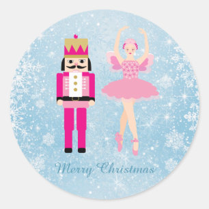 Ballerina & Nutcracker on blue Christmas Classic Round Sticker