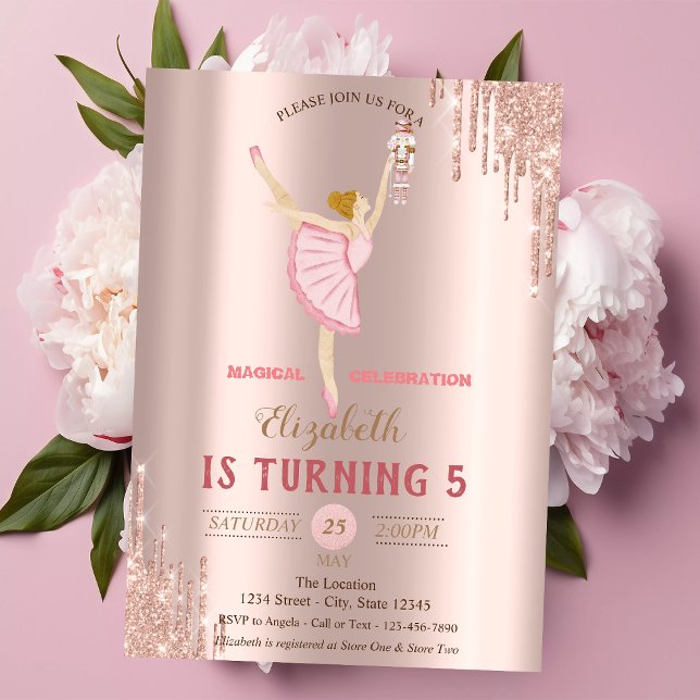 Ballerina Nutcracker Rose Gold Drips Birthday  Invitation (Creator Uploaded)