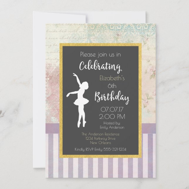 Ballerina on Shabby Vintage Design Birthday Party Invitation (Front)