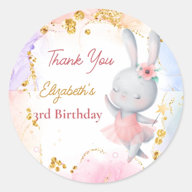 Ballerina party cute dancing bunny thank you classic round sticker (Front)