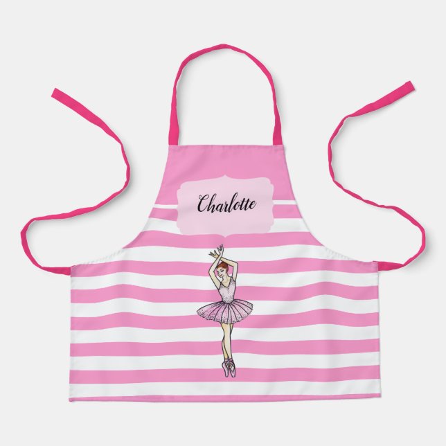 Ballerina Pink Dress Pink White Stripes Pattern Apron (Front)