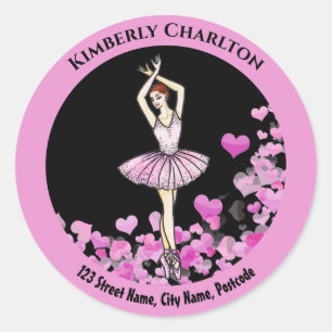 Ballerina Pink Dress with Hearts Black Background Classic Round Sticker