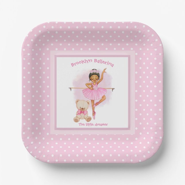 Ballerina pink floral white polka dots paper plate (Front)