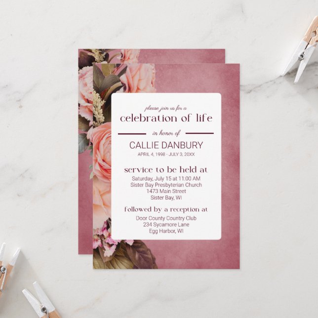 Ballerina Pink Florals Funeral Celebration of Life Invitation (Front/Back In Situ)
