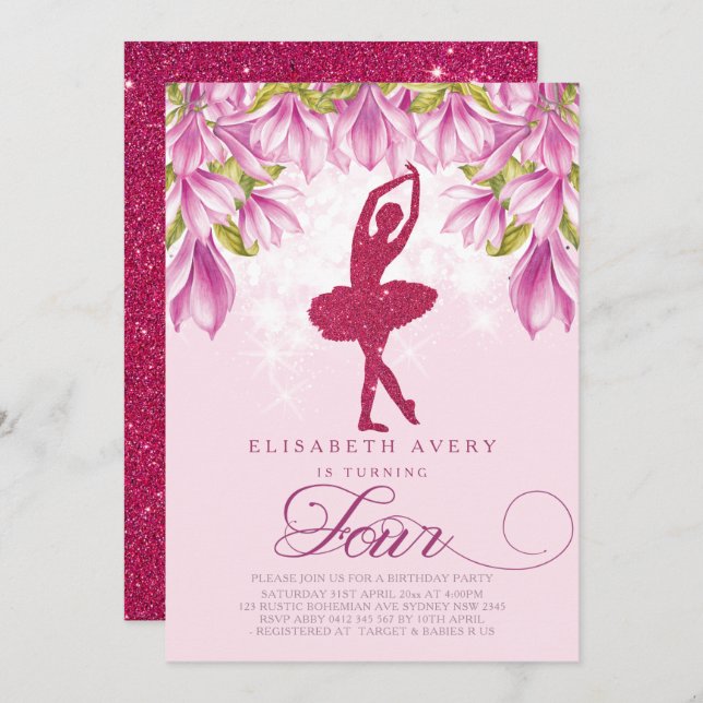 Ballerina Pink Glitter Birthday Invitation (Front/Back)