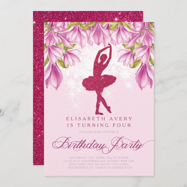 Ballerina Pink Glitter Birthday Invitation (Front/Back)