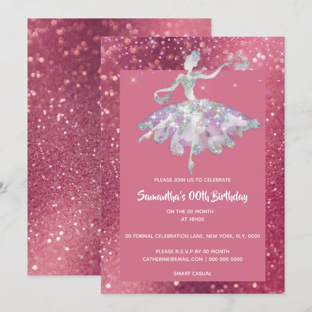 Ballerina pink glitter shiny girls birthday party invitation (Front/Back)