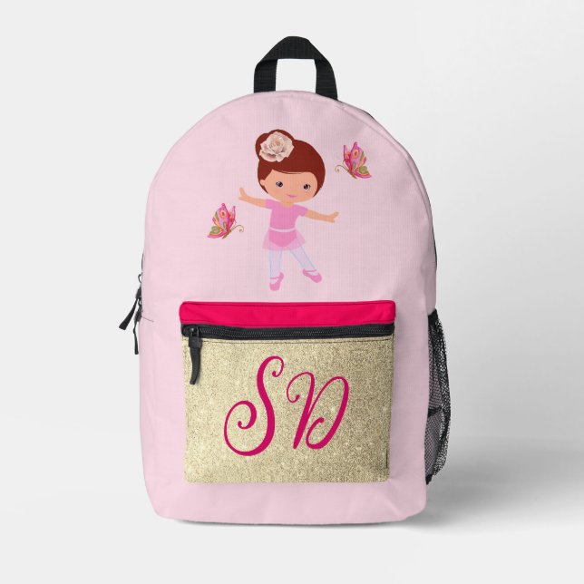Ballerina Pink Gold Butterfly Friend Monogrammed Printed Backpack (Front)