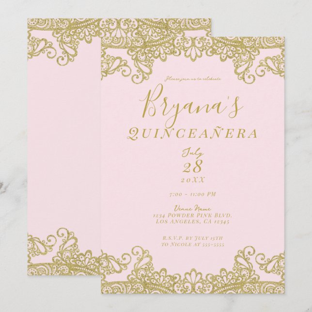 Ballerina Pink Gold Glitter Lace Quinceañera   Invitation (Front/Back)