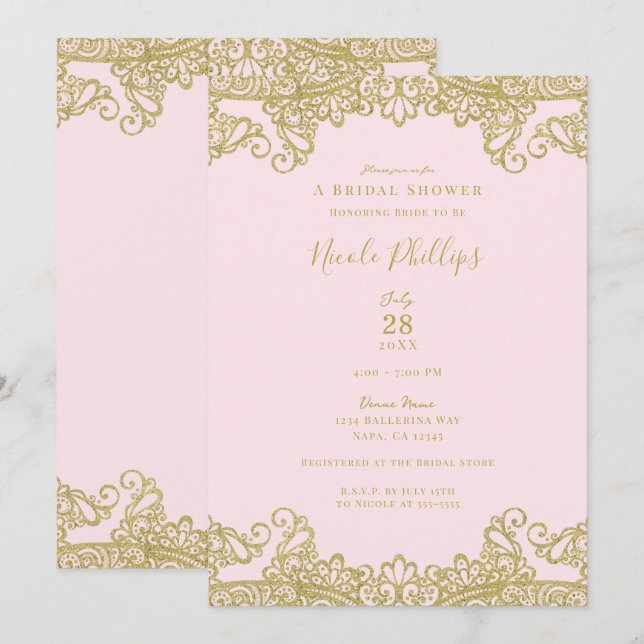 Ballerina Pink & Gold Lace Elegant Bridal Shower   Invitation (Front/Back)