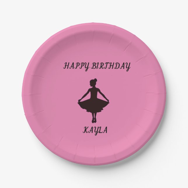 Ballerina pink happy birthday plates with name. (Front)