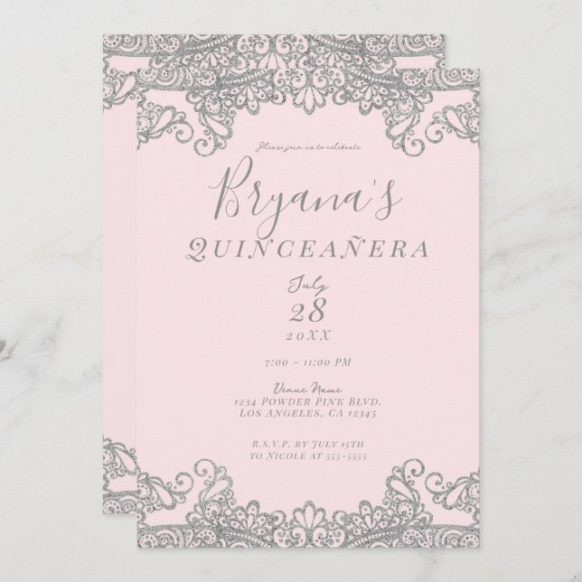 Ballerina Pink Silver Glitter Lace Quinceañera    Invitation (Front/Back)