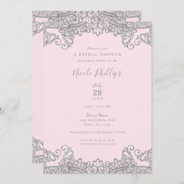 Ballerina Pink Silver Lace Elegant Bridal Shower   Invitation (Front/Back)