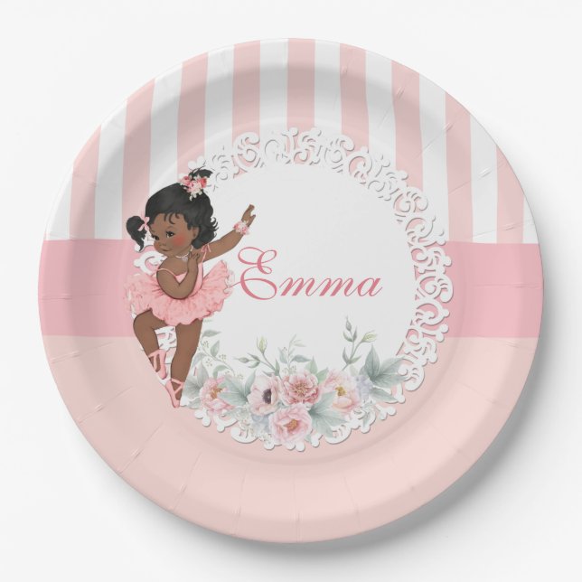 Ballerina Pink Tutu Stripes Flowers Lace Paper Plate (Front)