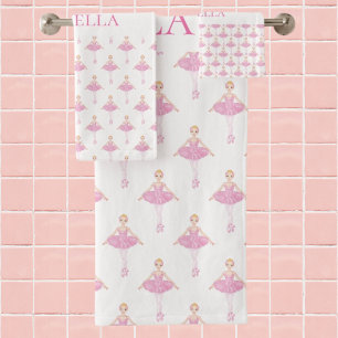 Ballerina princess dancer pink white girl monogram bath towel set