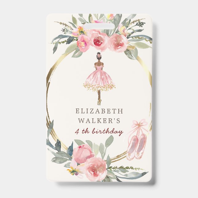 ballerina princess floral blush birthday party ID badge (Front)