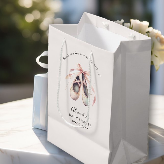 Ballerina Shoes Pink Bow Gold Baby Girl Shower  Medium Gift Bag (ballerina gift bag ballet shoes pointe dance pink faux gold glitter elegant watercolor)