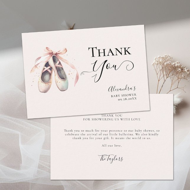 Ballerina Shoes Pink Gold Bow Chic Girl Shower Thank You Card (ballerina baby shower thank you card ballet shoes pointe dance pink faux gold glitter elegant chic)