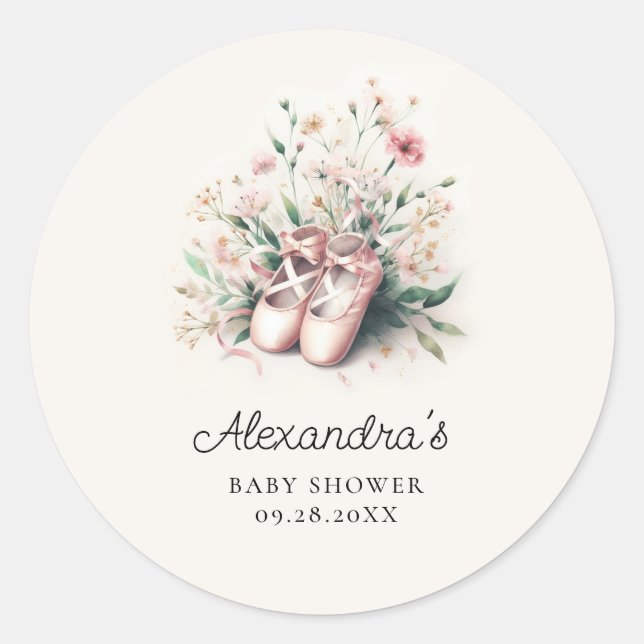 Ballerina Shoes Pink Wildflowers Baby Girl Shower Classic Round Sticker (Front)