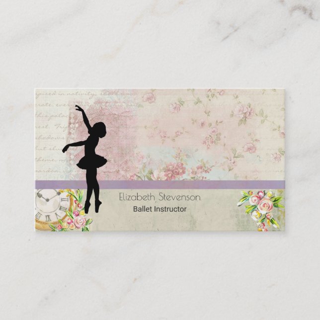 Ballerina Silhouette on Elegant Vintage Pattern Business Card (Front)