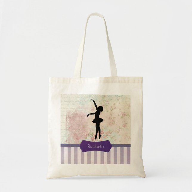 Ballerina Silhouette on Elegant Vintage Pattern Tote Bag (Front)