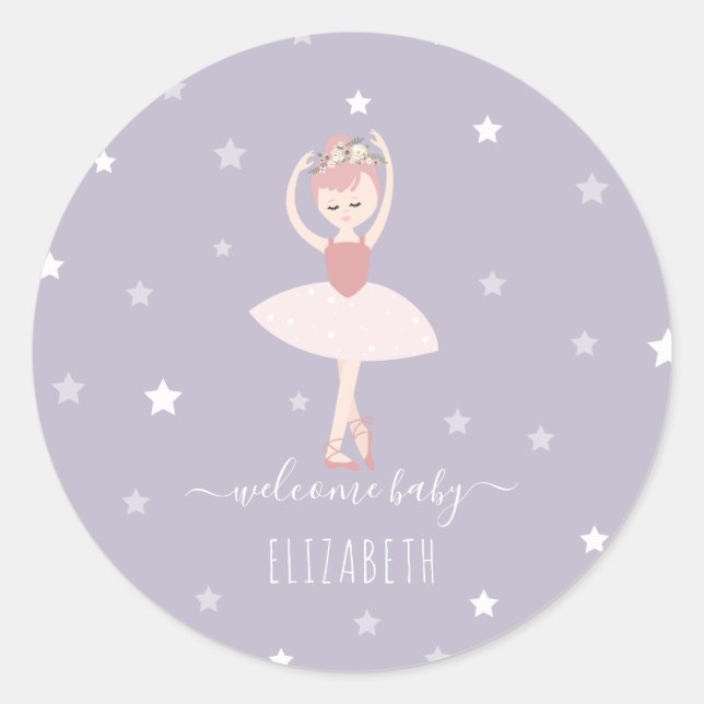 Ballerina Stars Purple Baby Girl Baby Shower Classic Round Sticker (Front)