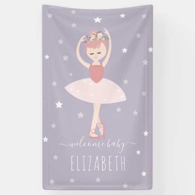 Ballerina Stars Purple Girl Baby Shower Banner (Vertical)