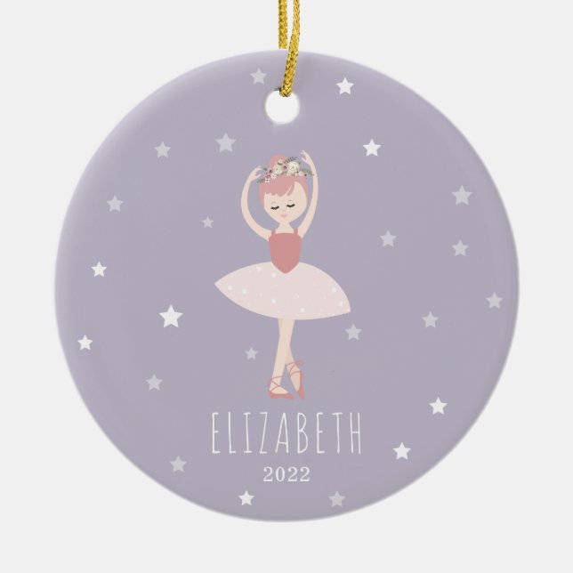 Ballerina Stars Purple Little Girl Christmas Ceramic Tree Decoration (Front)