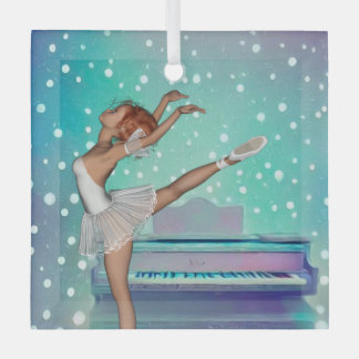 Ballerina & Teal Piano Background Glass Tree Decoration