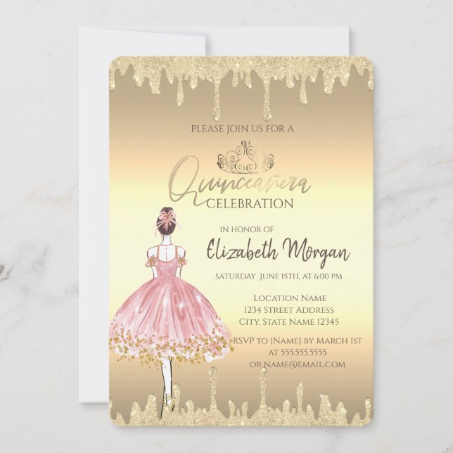 Ballerina,Tiara,Glitter Drips Gold Quinceañera Invitation (Front)