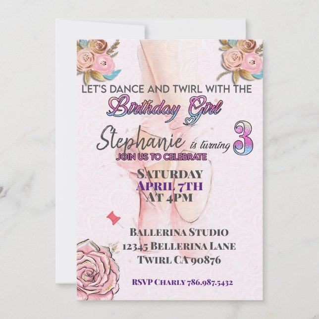 Ballerina turning 3 birthday party invitation (Front)