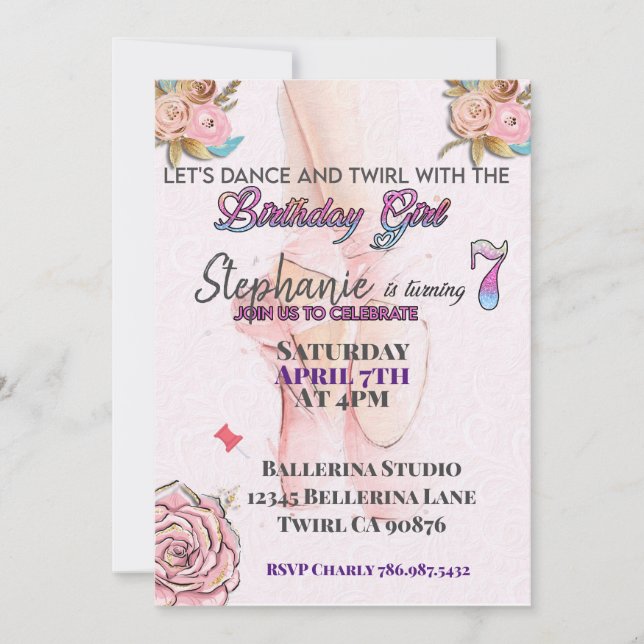 Ballerina turning 7 birthday invitation (Front)