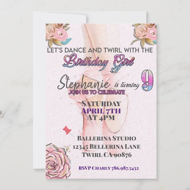 Ballerina turning 9 birthday invitation (Front)