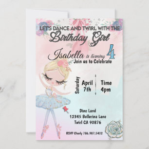 Ballerina turning four birthday invitation