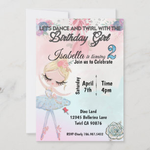 Ballerina turning two birthday invitation