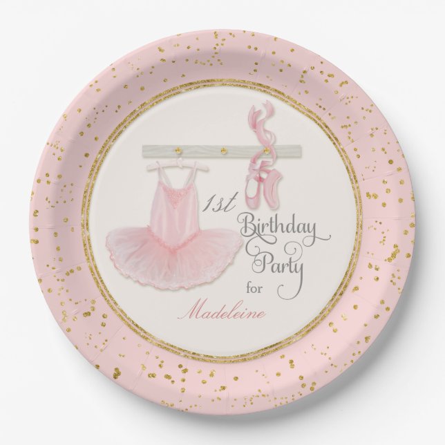 Ballerina Tutu Baby Girl First 1st Birthday Party Paper Plate (Front)