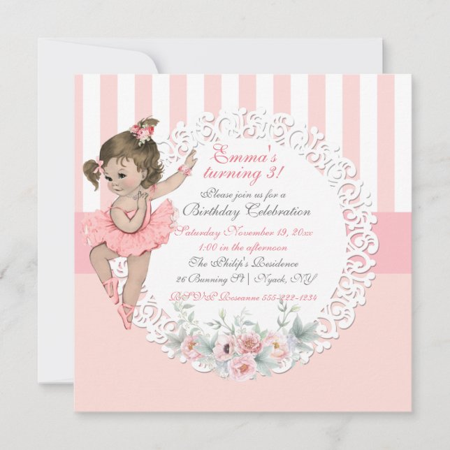 Ballerina Tutu Ballet Pink White Stripes Lace Invitation (Front)
