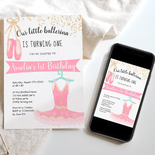 ballerina tutu Gold glitter confetti 1st birthday Invitation