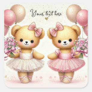 Ballerina Twinkle Toes Twin Bears Birthday Party Square Sticker