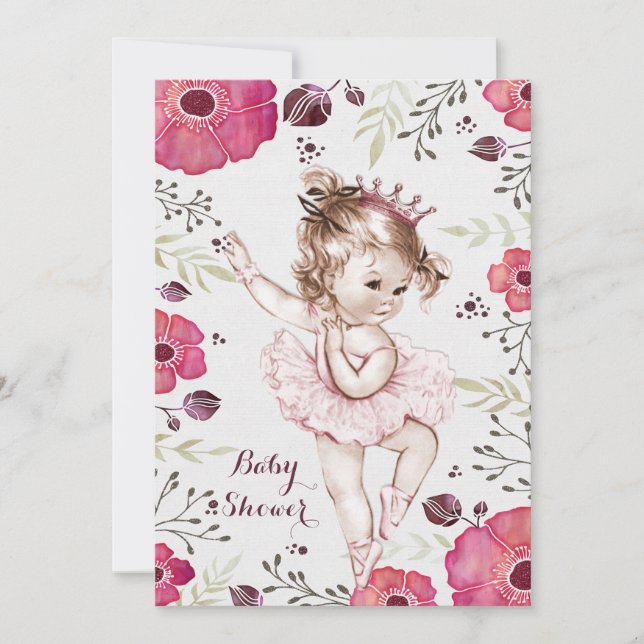 Ballerina Watercolor Glitter Poppies Baby Shower Invitation (Front)